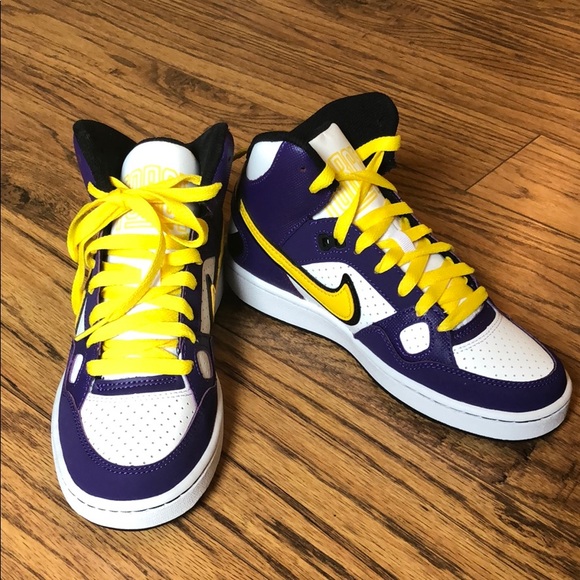 blue and yellow nike high tops